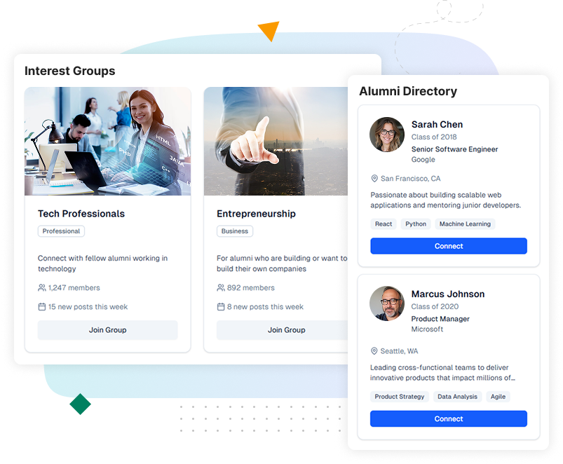 Alumni community platform with directories, groups, and networking
