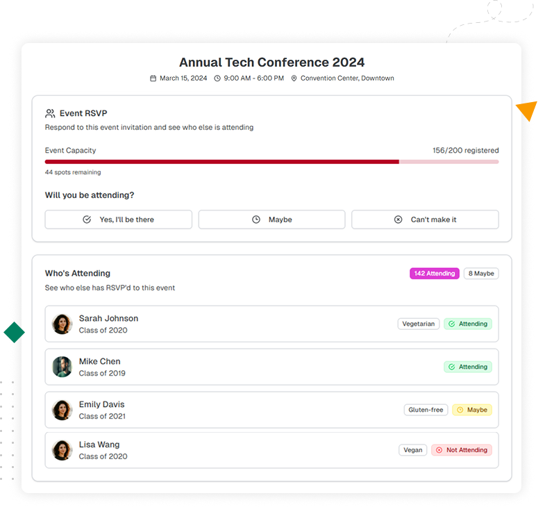 Alumni events platform with RSVPs, reminders, and tracking