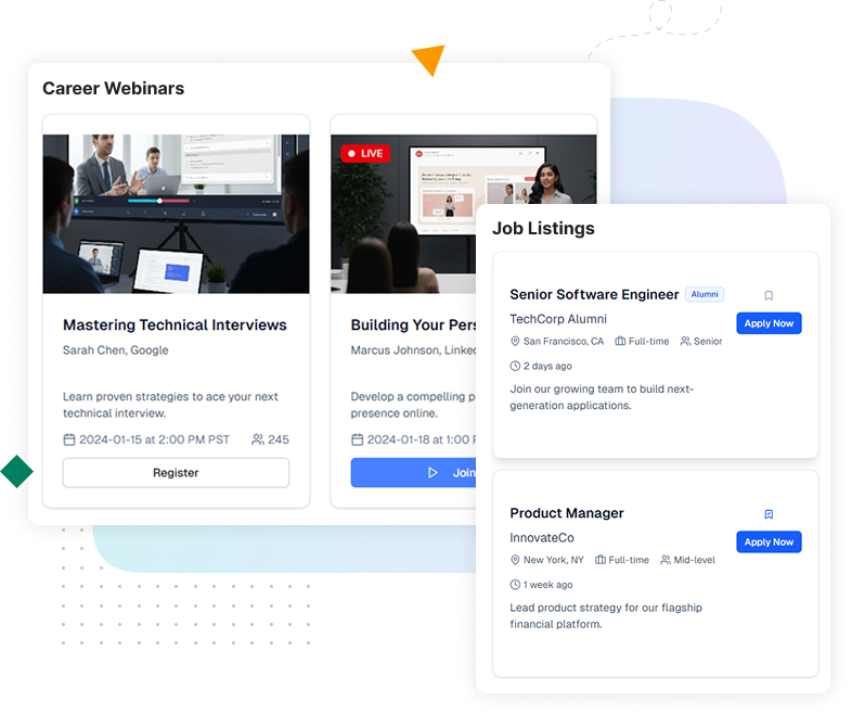 Career and mentorship programs with job boards and alumni connections