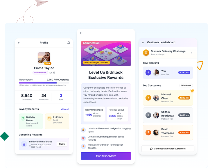 Screenshot showcasing gamification features for B2B loyalty programs, including challenge builder, quiz creator, badge designer, and leaderboard settings.