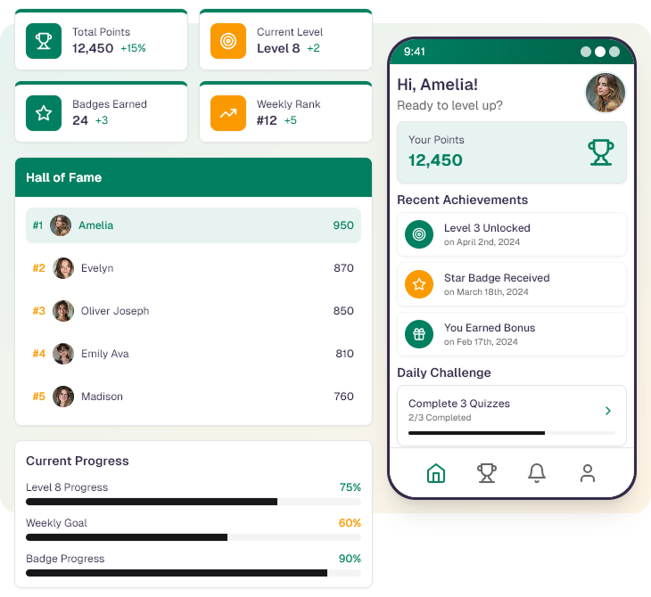Screenshot showcasing gamification features for B2B loyalty programs, including challenge builder, quiz creator, badge designer, and leaderboard settings.
