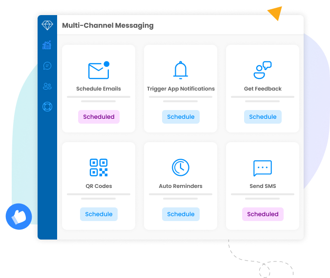 Screenshot showcasing personalized messaging features for B2B loyalty programs, including email template builder, SMS scheduler, in-app message creator, and push notification settings.