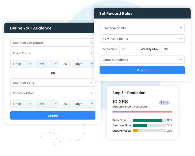 Screenshot showcasing smart configuration features for B2B loyalty programs, including AI-powered personalization settings, dynamic reward allocation dashboard, adaptive program structure builder, and predictive analytics insights.