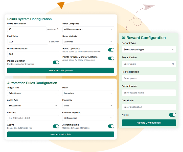 Screenshot showcasing smart configuration features for B2B loyalty programs, including AI-powered personalization settings, dynamic reward allocation dashboard, adaptive program structure builder, and predictive analytics insights.