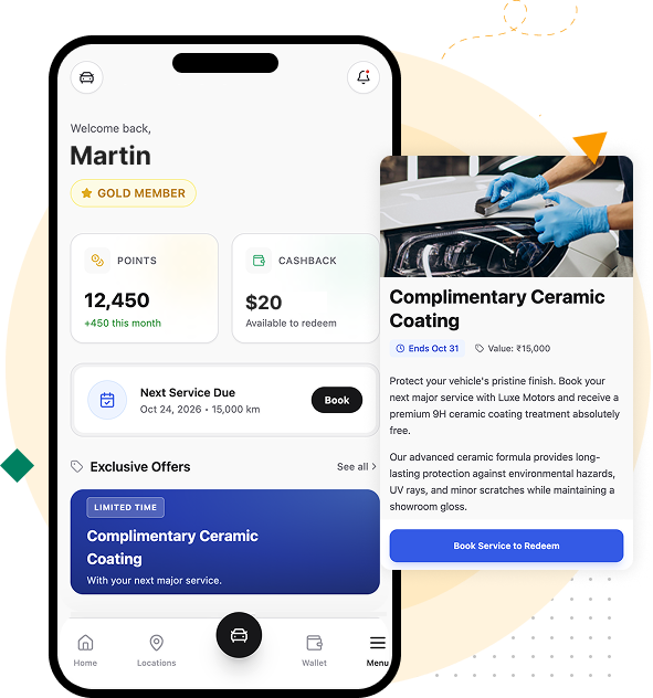 Screenshot showing a branded dealership mobile app with loyalty tiers, QR check-ins, and gamified engagement.