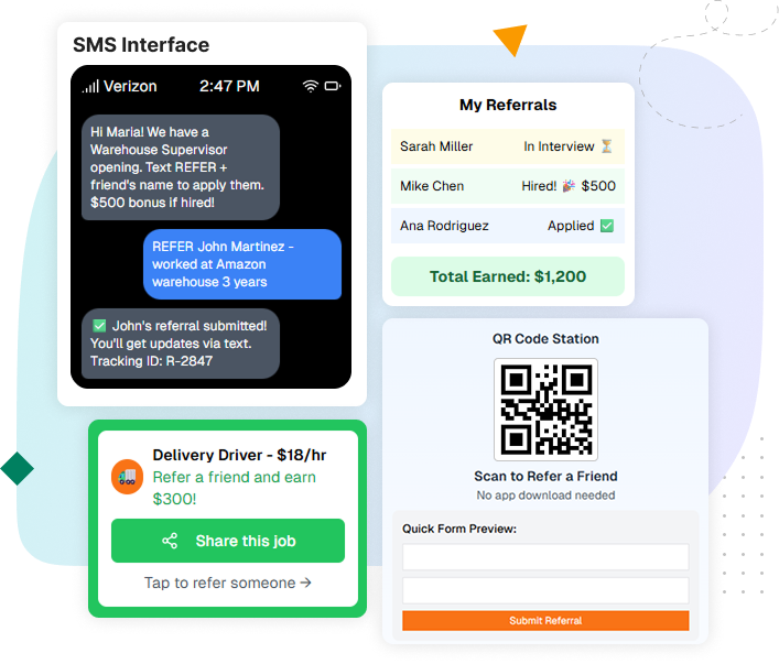 Illustration showcasing mobile and QR referral features for deskless and hourly teams
