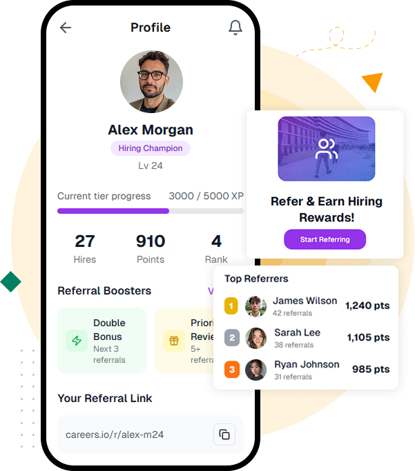 Illustration showcasing gamification features for referral programs, including challenges, rewards, and leaderboards