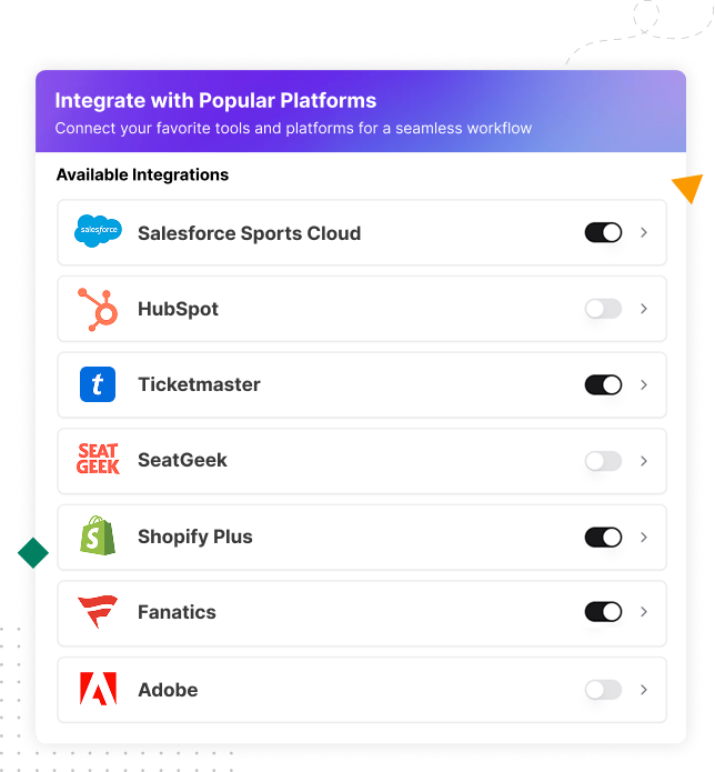 Illustration showcasing integrations between fan engagement platform and CRM, social media, e-commerce, analytics, email, and custom APIs