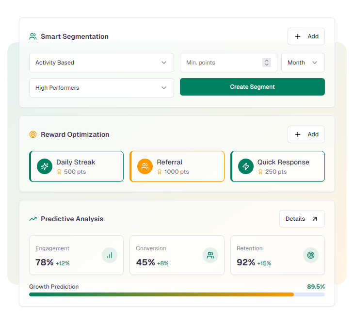 Illustration showcasing AI-driven smart configurations for fan engagement, including personalized rewards, automated campaigns, predictive analytics, fraud detection, and data insights