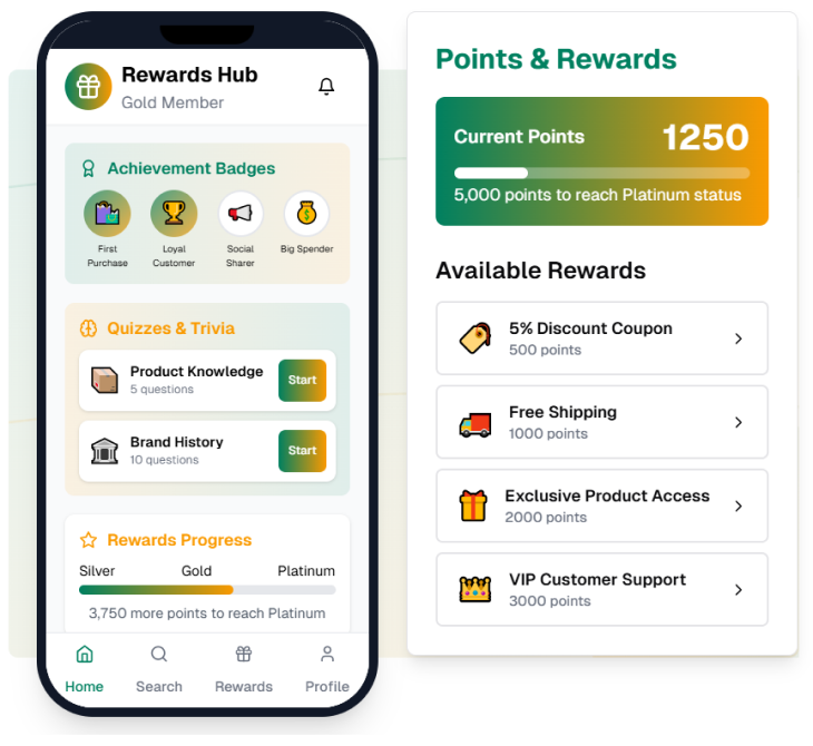 Screenshot showing gamification features like challenges, leaderboards, badges, and quizzes in a lifecycle marketing platform.