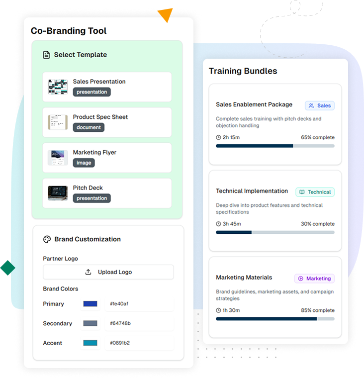 Screenshot of partner portal resource library with co-branding tools and search filters