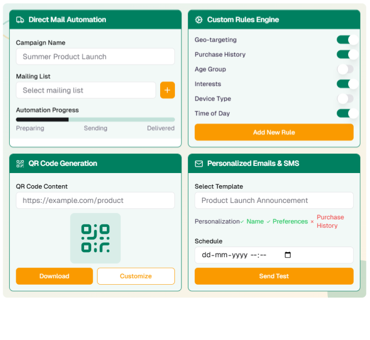 Illustration showcasing various social sharing features for product sampling campaigns, including one-click sharing, customizable posts, influencer tagging, automated hashtags, rewards, and analytics