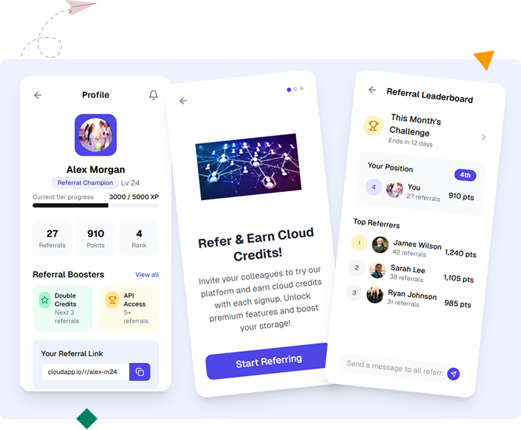 Illustration showcasing gamification features for referral programs, including challenges, rewards, and leaderboards