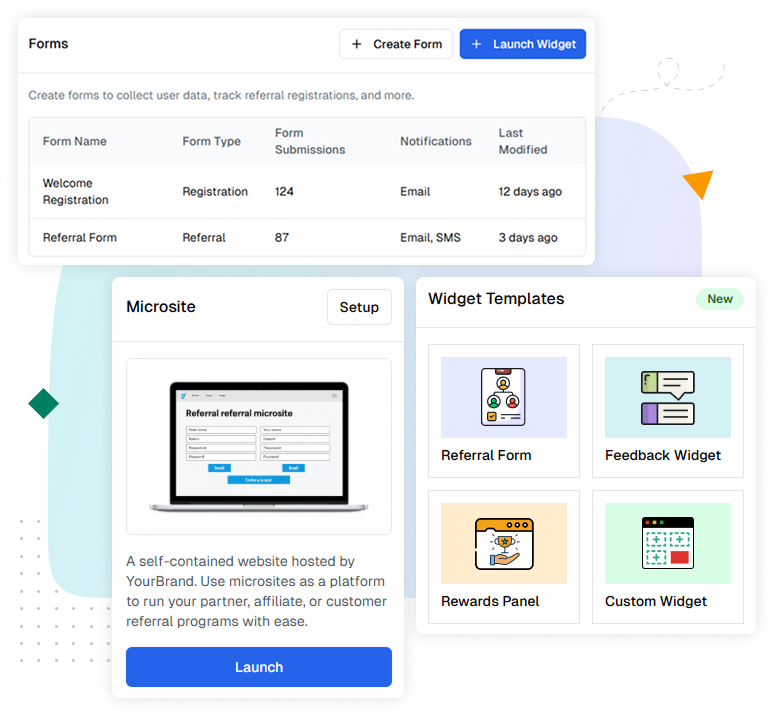 Illustration showcasing gamification features for referral programs, including challenges, rewards, and leaderboards
