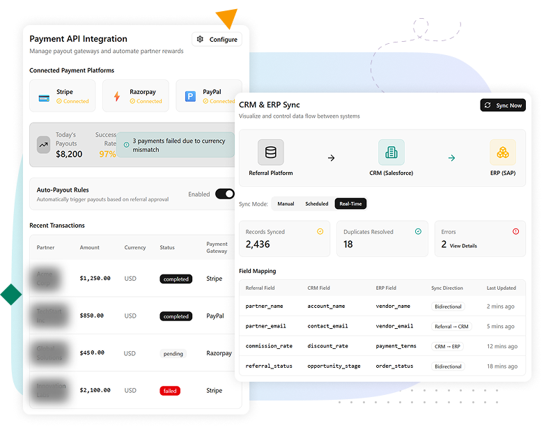 Illustration showing API connectivity and system integration features for referral software