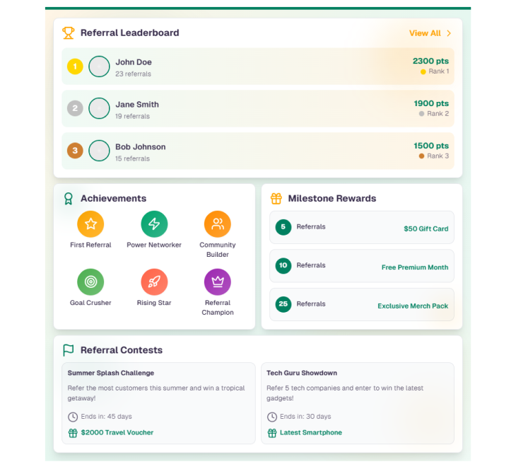 Illustration showcasing gamification features for referral programs, including challenges, rewards, and leaderboards