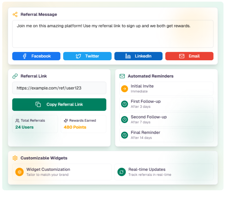 Illustration showcasing social sharing features for referral programs, including share buttons and referral link tracking