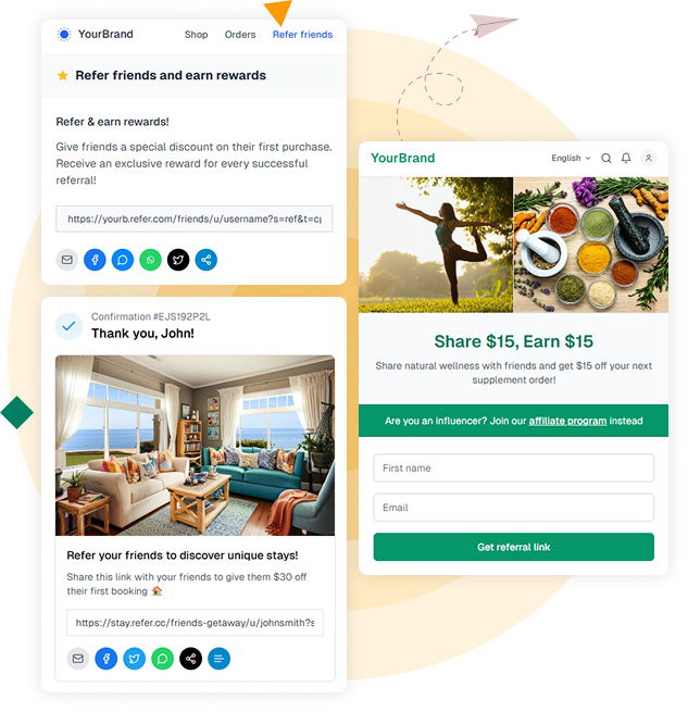 Illustration showcasing social sharing features for referral programs, including share buttons and referral link tracking