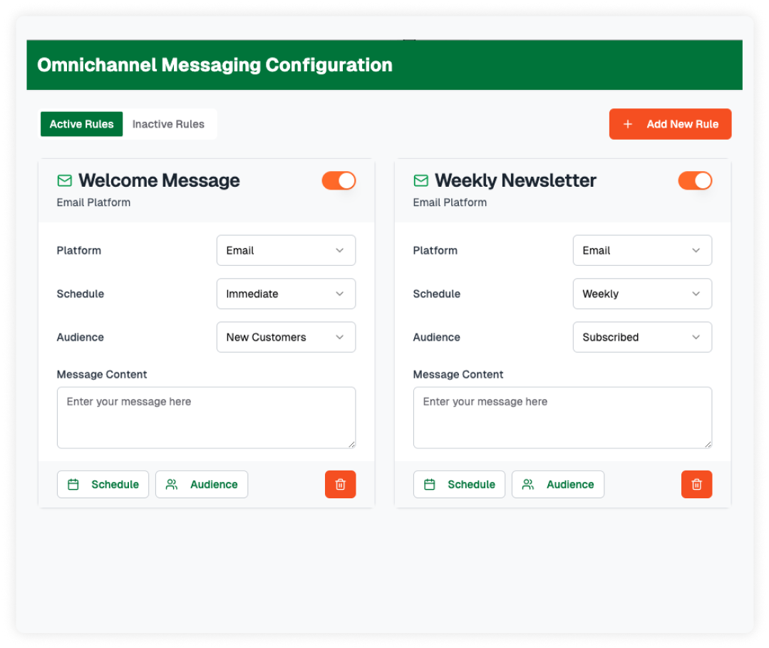 Illustration showcasing various personalized messaging channels used in coalition loyalty programs, including email, SMS, push notifications, in-app messages, social media, and chatbots.