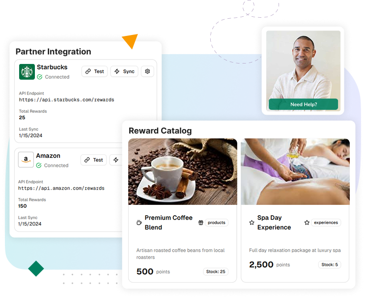 Illustration of end-to-end loyalty program setup and optimization including strategy design, catalog setup, campaign planning, and AI performance tracking