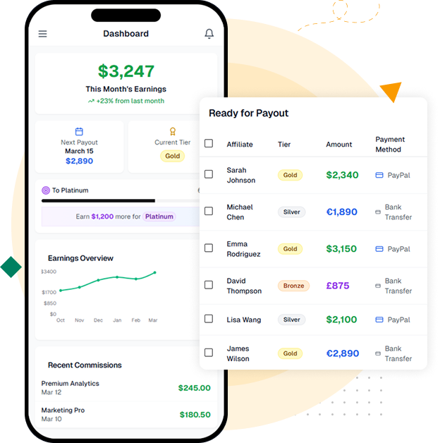 Illustration showcasing flexible affiliate commissions, payouts, and rewards.