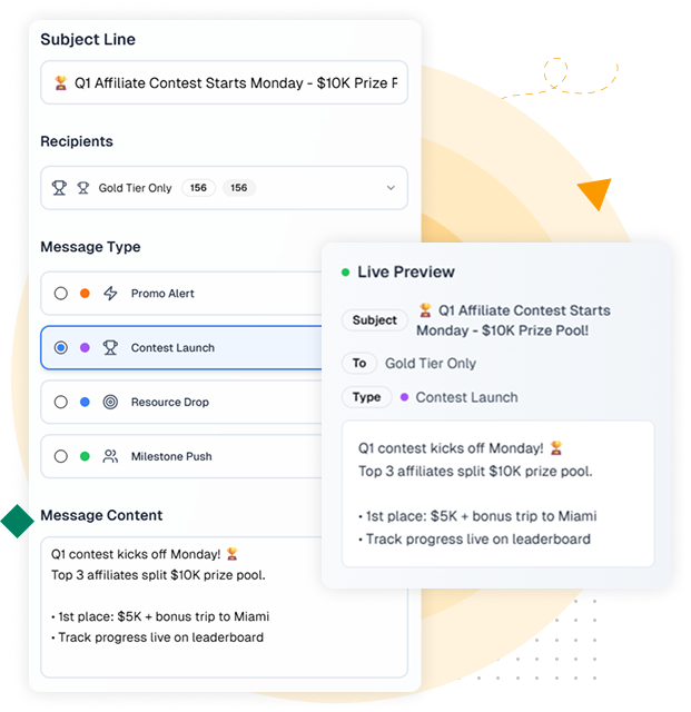 Illustration showcasing partner communication and messaging tools for affiliate programs