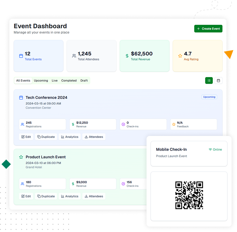 Illustration showing event management tools including registration, ticketing, attendee tracking, and analytics