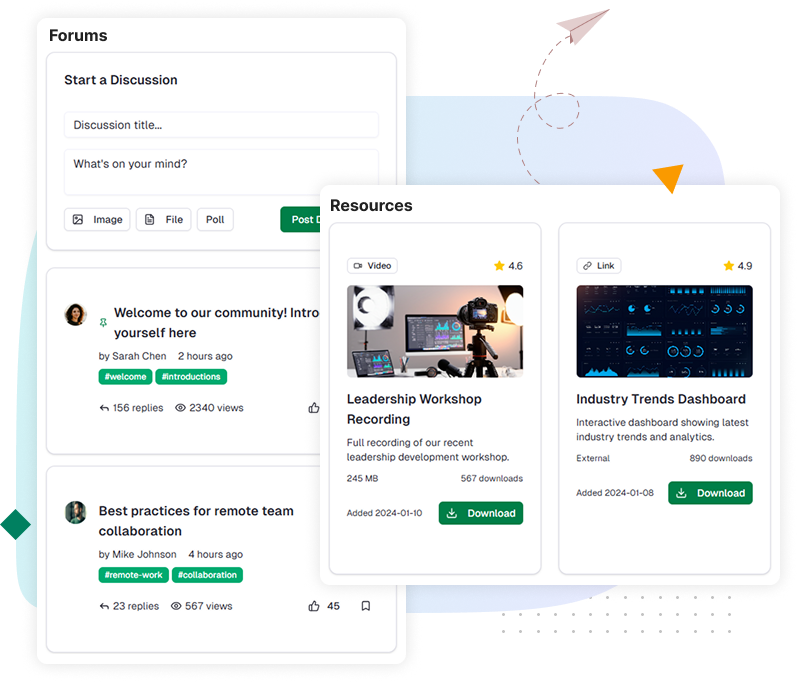 Illustration showcasing branded mobile app with member directories, forums, and personalized recommendations