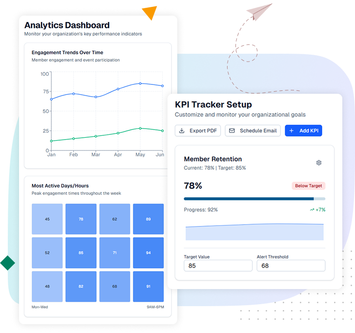 Analytics dashboard showing member engagement, event ROI, and financial performance insights
