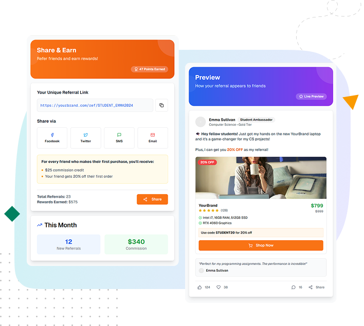 Screenshot showcasing social sharing features for campus marketing programs