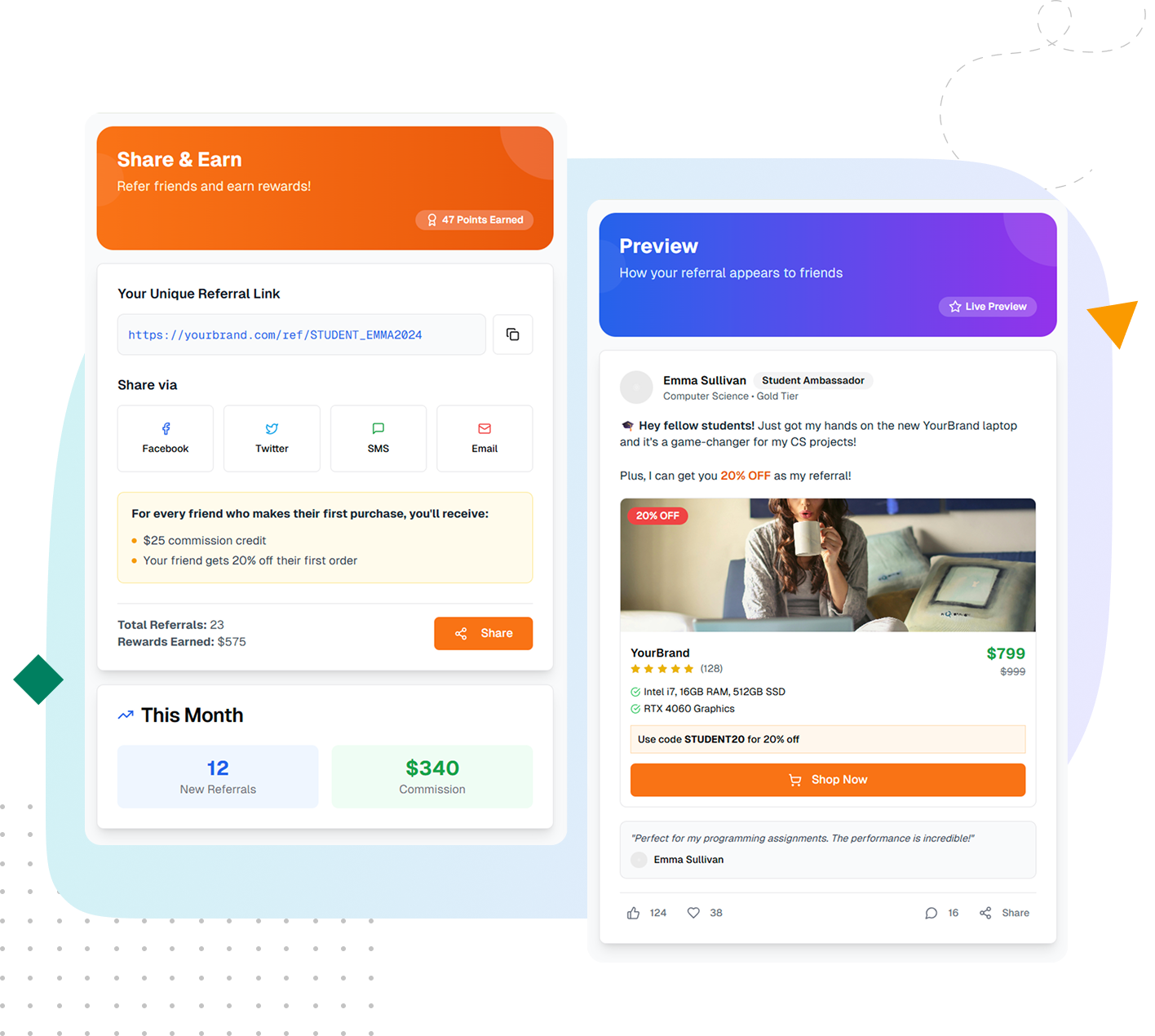Screenshot showcasing social sharing features for campus marketing programs