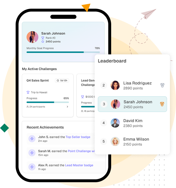 Gamification dashboard with leaderboards, badges, and contests