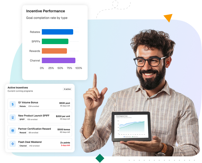 Illustration showcasing social sharing features like branded content templates, in-app sharing, and referral tracking