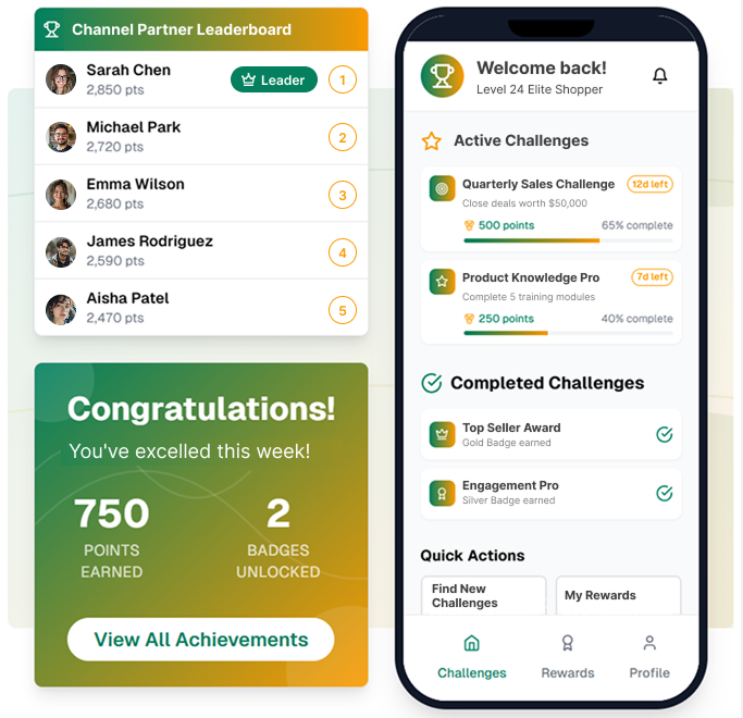 Screenshot of a gamification dashboard showing leaderboard, badges, and challenges for channel partners