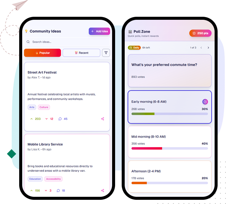 Infographic showcasing ideation boards, polls, forums, and gamified leaderboards for civic engagement
