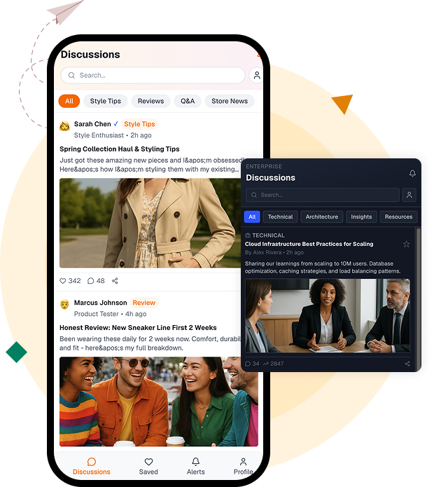 Customer community platform featuring discussion forums, threaded conversations, knowledge base, and private member spaces