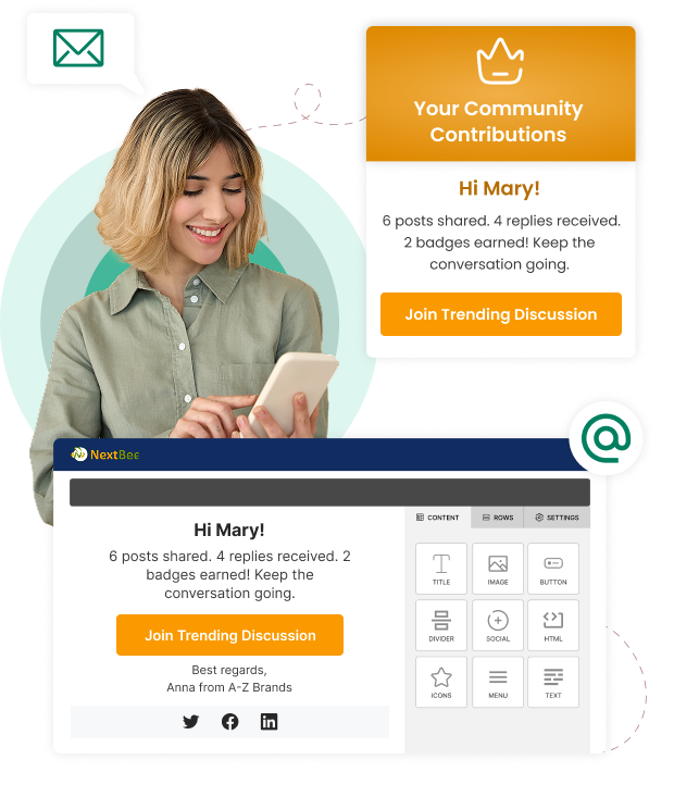 Illustration of social sharing tools including one-click posting, customizable messages, referral tracking, hashtag campaigns, user-generated content, and cross-platform analytics