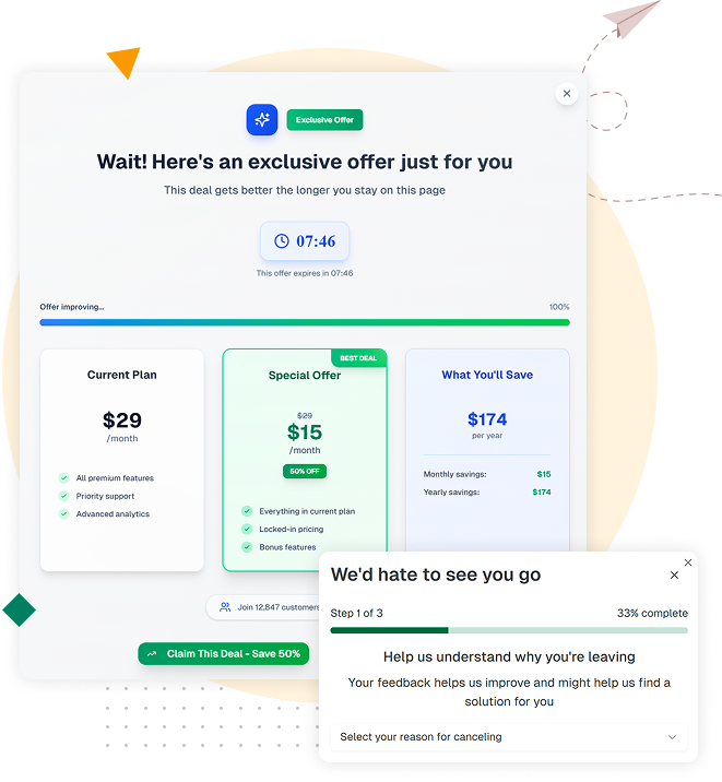 Subscription retention platform with cancel-flow interception, save offers, pause options, and payment recovery automation