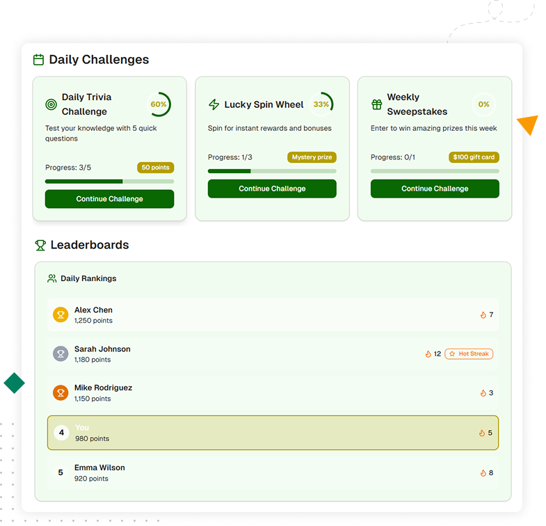 Gamification platform with trivia, spinwheels, sweepstakes, challenges, and rewards