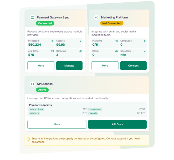 Screenshot showcasing integration setup options and features of the Donor Management sustainability platform