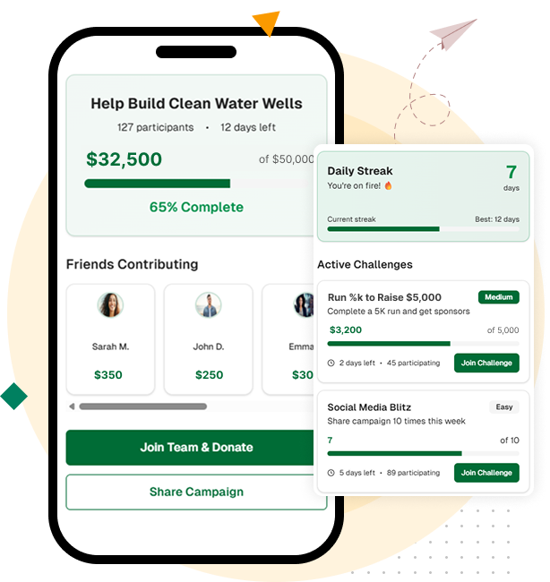Screenshot of donor gamification and peer-to-peer fundraising tools with leaderboards and badges