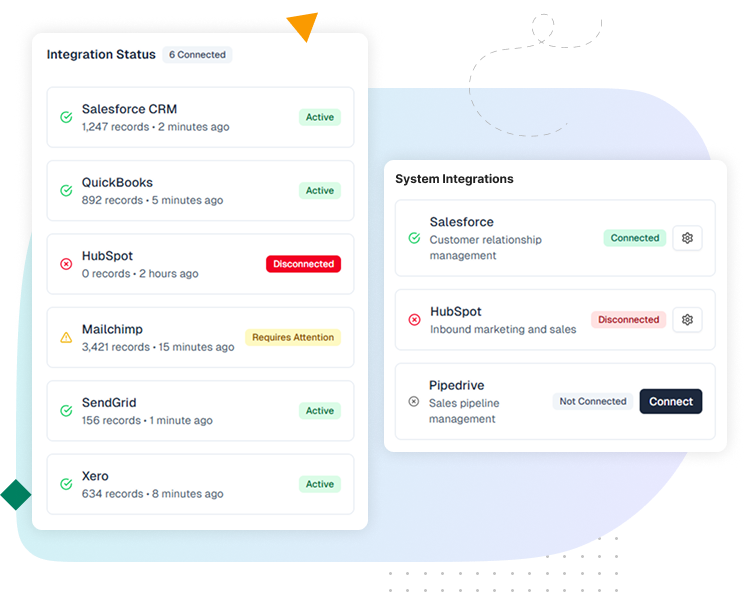 Screenshot showing integrations hub and payment processing connected to CRM and marketing tools