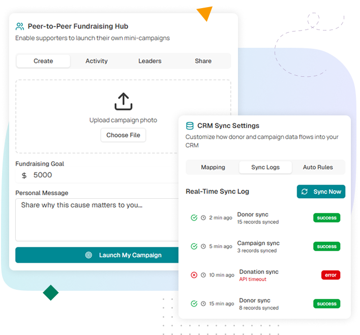 Illustration showcasing integrations with CRM, donation tools, peer fundraising, and payment gateways