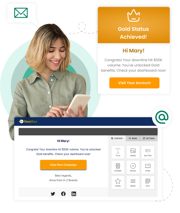Illustration showcasing key social sharing features for direct sales, including customizable posts, incentivized sharing, and user-generated content.