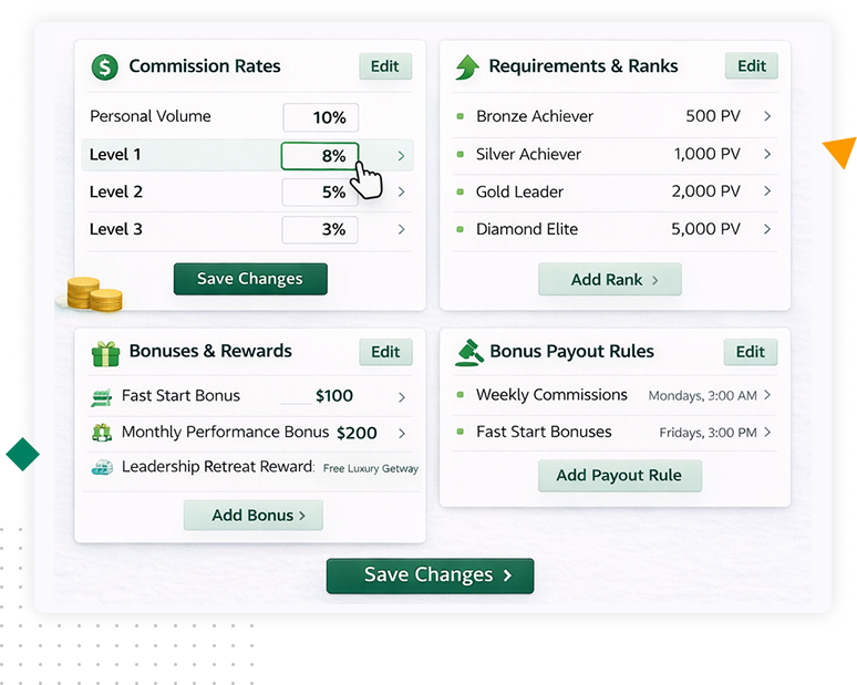Illustration showcasing key social sharing features for direct sales, including customizable posts, incentivized sharing, and user-generated content.