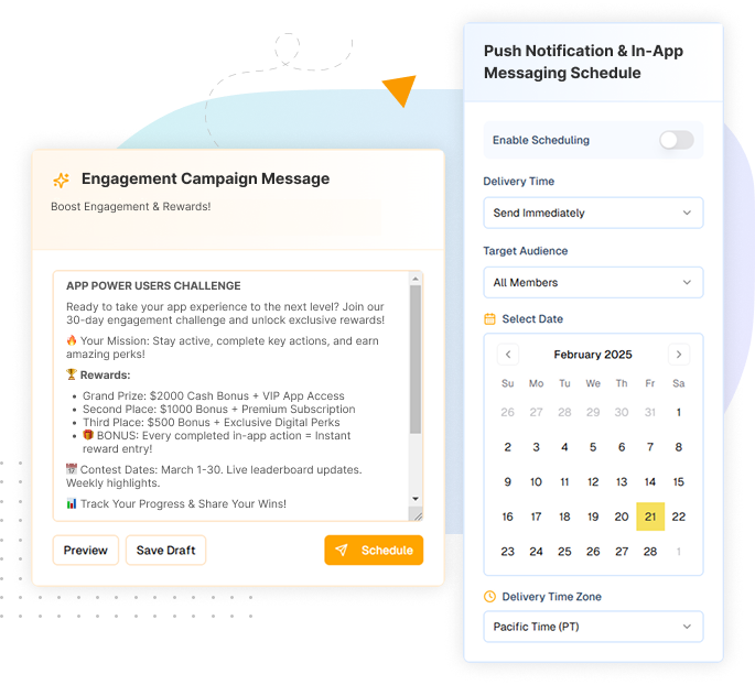 Illustration showcasing targeted messaging features for mobile wallet marketing, including campaign setup, customer segmentation, dynamic offers, location-based triggers, preference settings, and multichannel coordination.