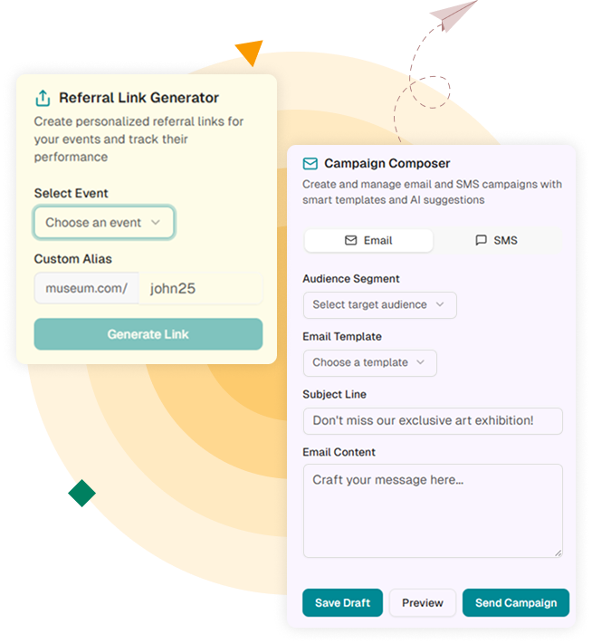 Event promotion platform with referral links, rewards, segmented email/SMS campaigns, and retargeting