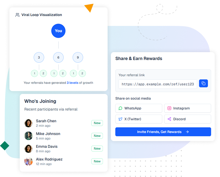 Screenshot of viral sweepstakes mechanics with referrals, leaderboards, and milestone rewards