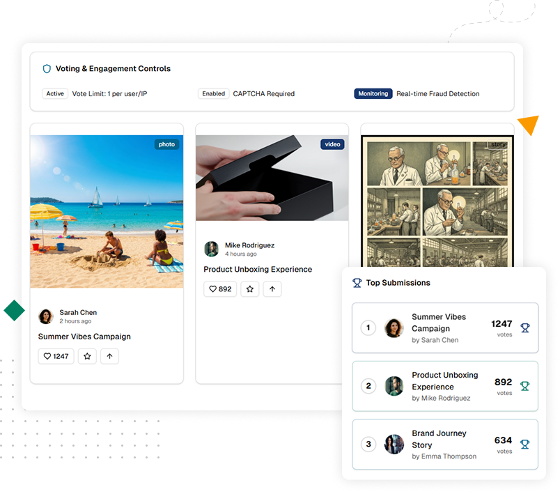 Screenshot of gamification tools with UGC galleries, voting, and moderation