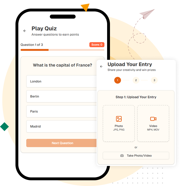 Screenshot of interactive sweepstakes entry tools with quizzes, referrals, and UGC uploads